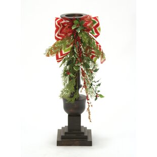 Candlesticks with Cedar, Holly, Glitter Branches and Chevron Ribbon (Set of 2)