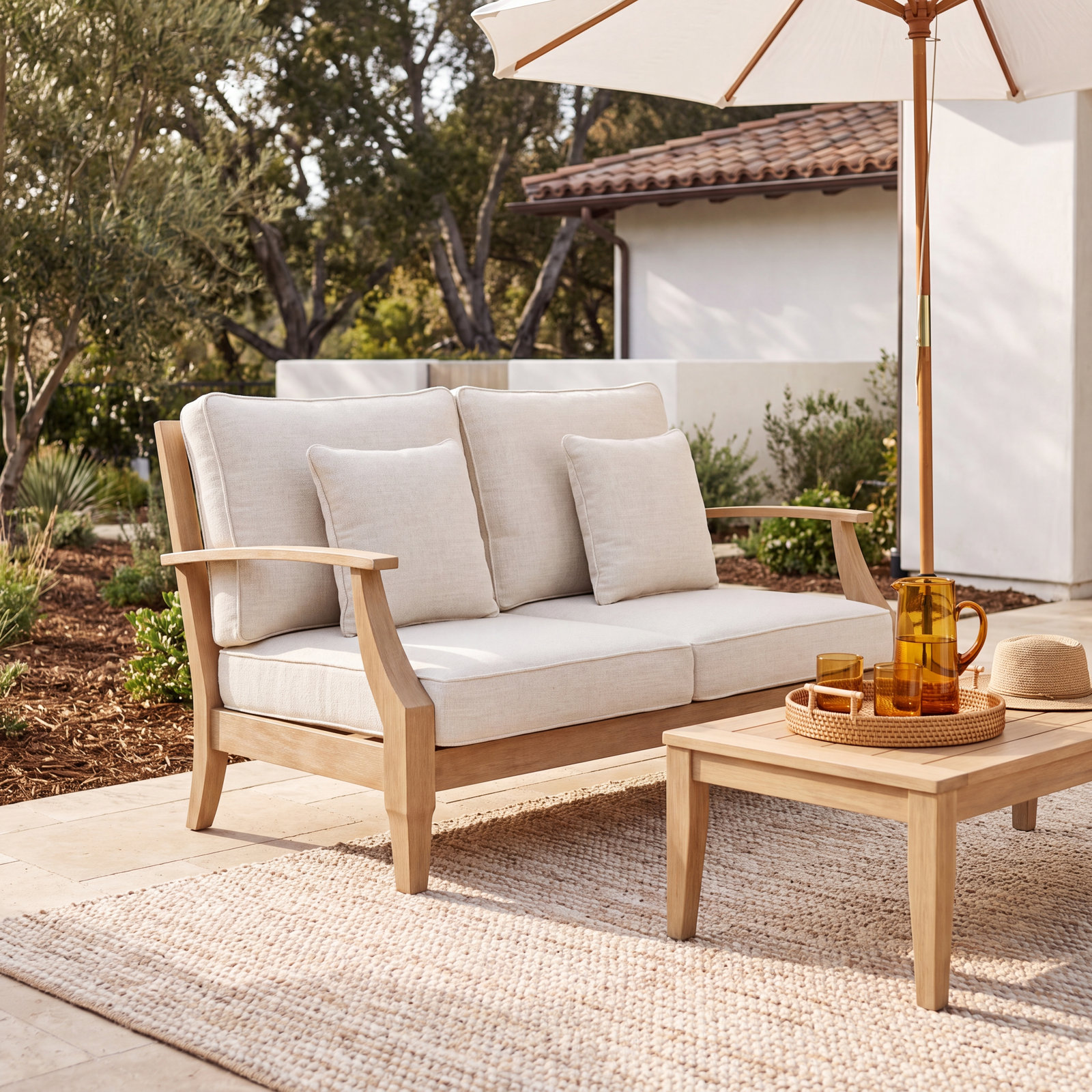 Samya 56" Eucalyptus Patio Loveseat, Natural/Beige