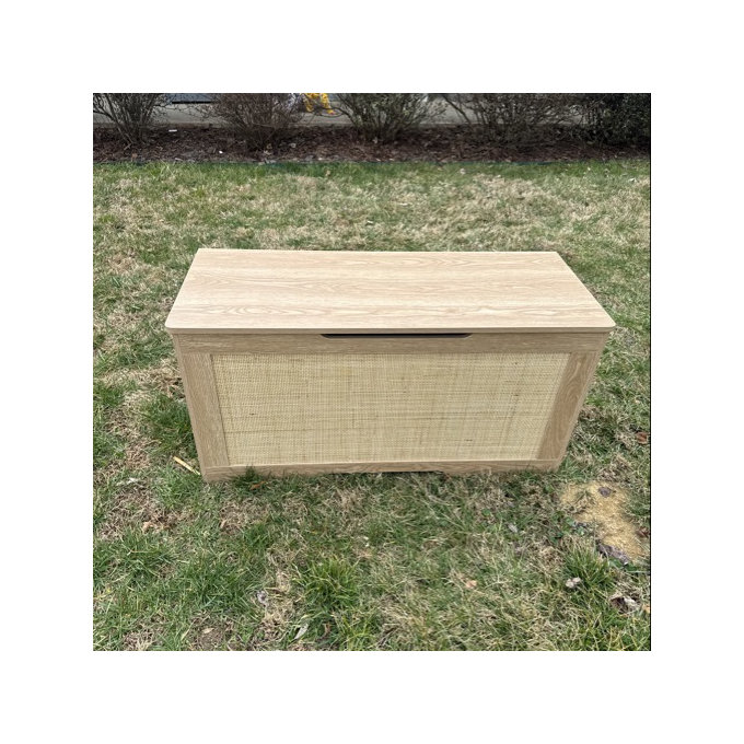 Storage Chest With Rattan, Wooden Storage Box With Safety Hinge And Gel Bumpers - 19.68"H x 39.4"W x 15.74"D