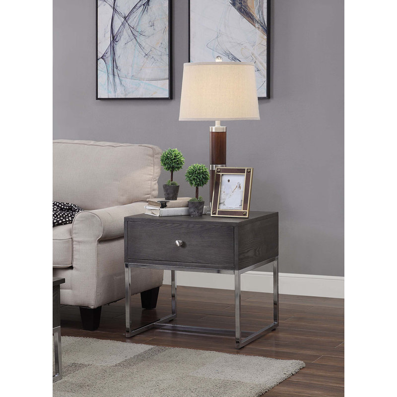 Modern Gray Oak & Chrome Rectangular End Table with Storage