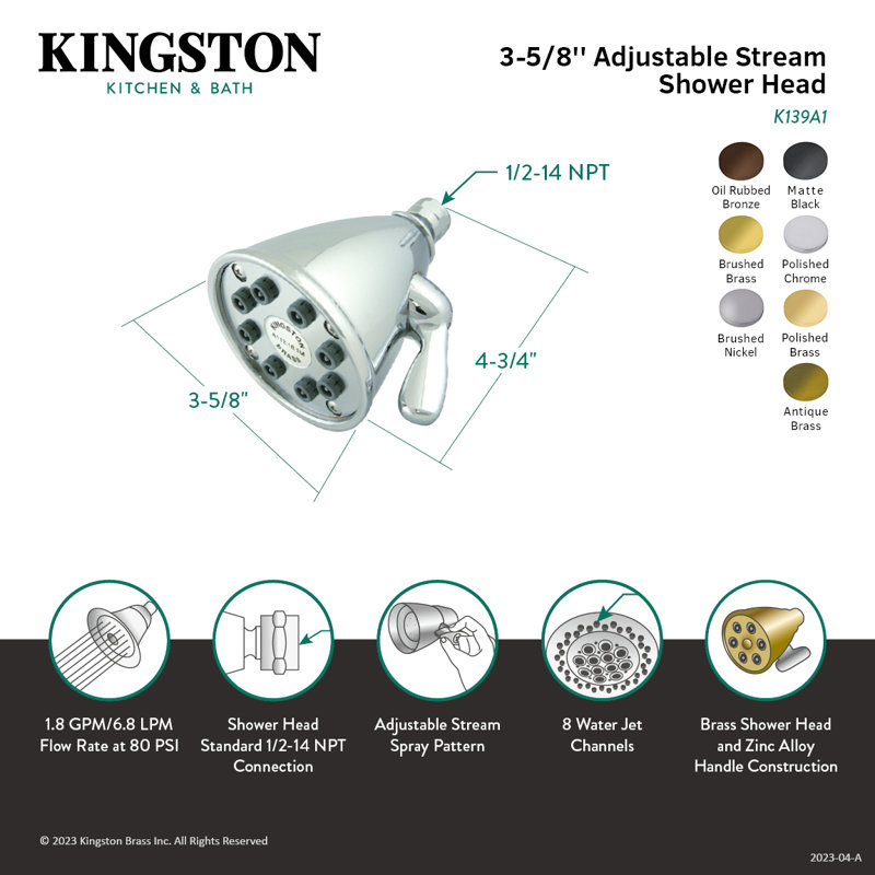 Kingston Brass Shower Scape 3-5/8-Inch Round Adjustable Jet Spray Brass Shower Head, Matte Black