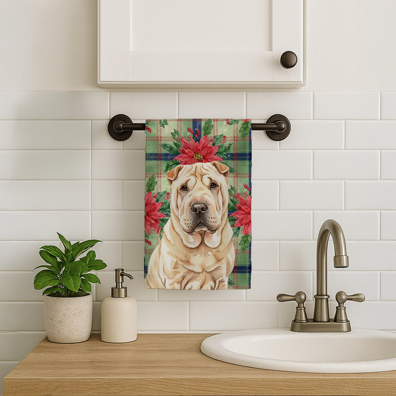 Shar Pei Christmas PoinsettIas Kitchen Towel, Tan Shar Pei