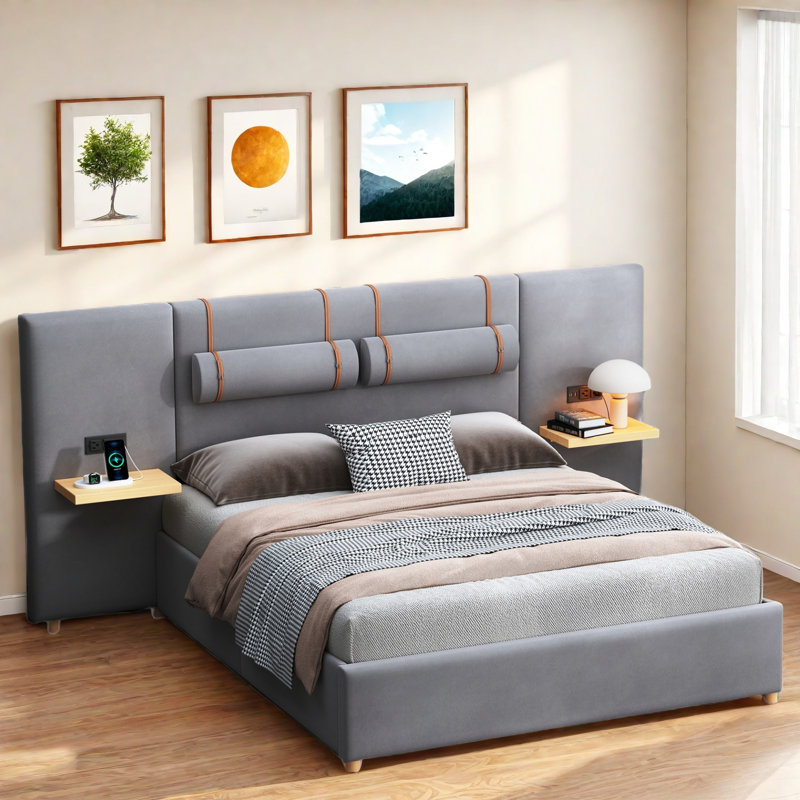 Lit plateforme tapissier avec deux coussins de chevet, tablettes de rangement, deux prises et USB, Gris, Grand lit
