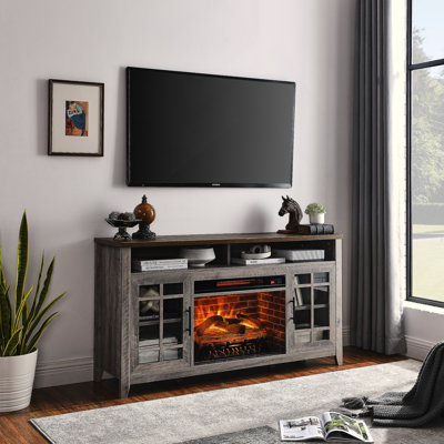 55 Inch TV Media Stand With Electric Fireplace KD Inserts Heater,Gray Wash Color