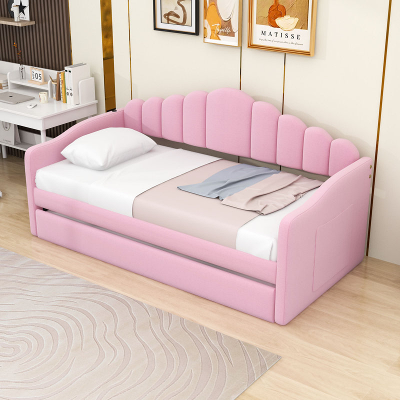 Arriaga Elegant Twin Size Upholstered Daybed with Trundle and USB Charging Ports, Pink