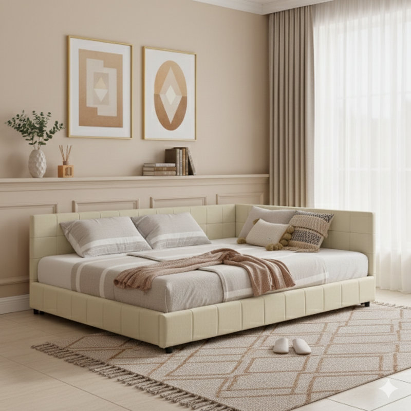 Full Size Padded And Quilted Bed Base, Couch-Style Bed Structure With A Cushioned Back Support And Side Armrests, Full Dimensions Bed Suitable For Sleeping Quarters Or Common Areas, Velvet Fabric, NEW BEIGE Color (Measures 80.5'' L X 59'' W X 30.5'' H).