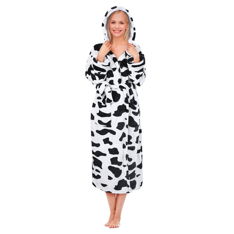 Dalmation Print Hooded Fleece Long Bathrobe