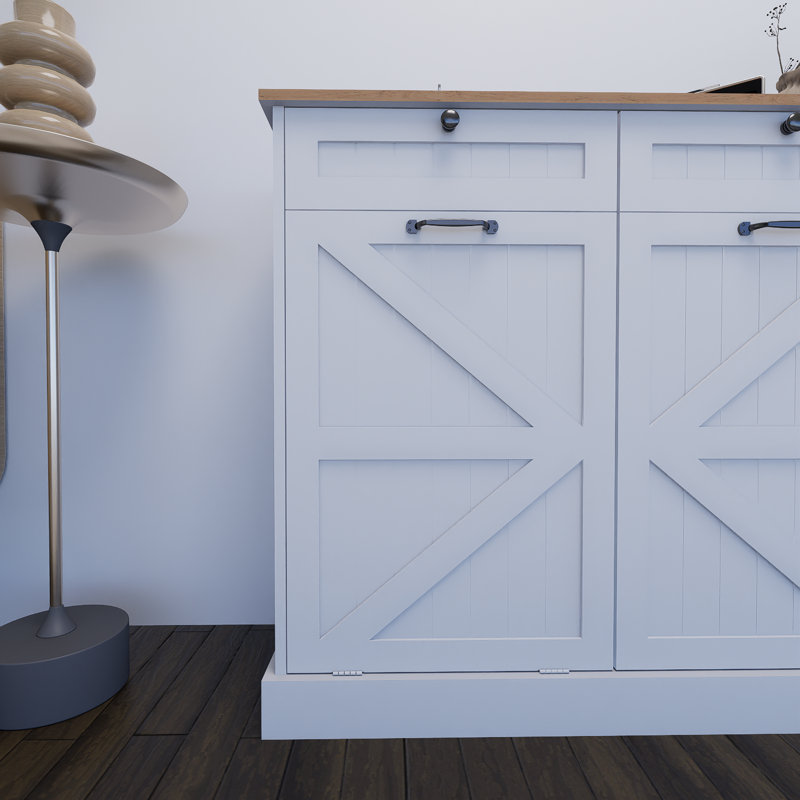 White Kitchen Trash Can Storage Cabinet With 2 Drawers And 1 Tilting Trash Cabinet And 1 Door With Storage Rack And 2 Shelves