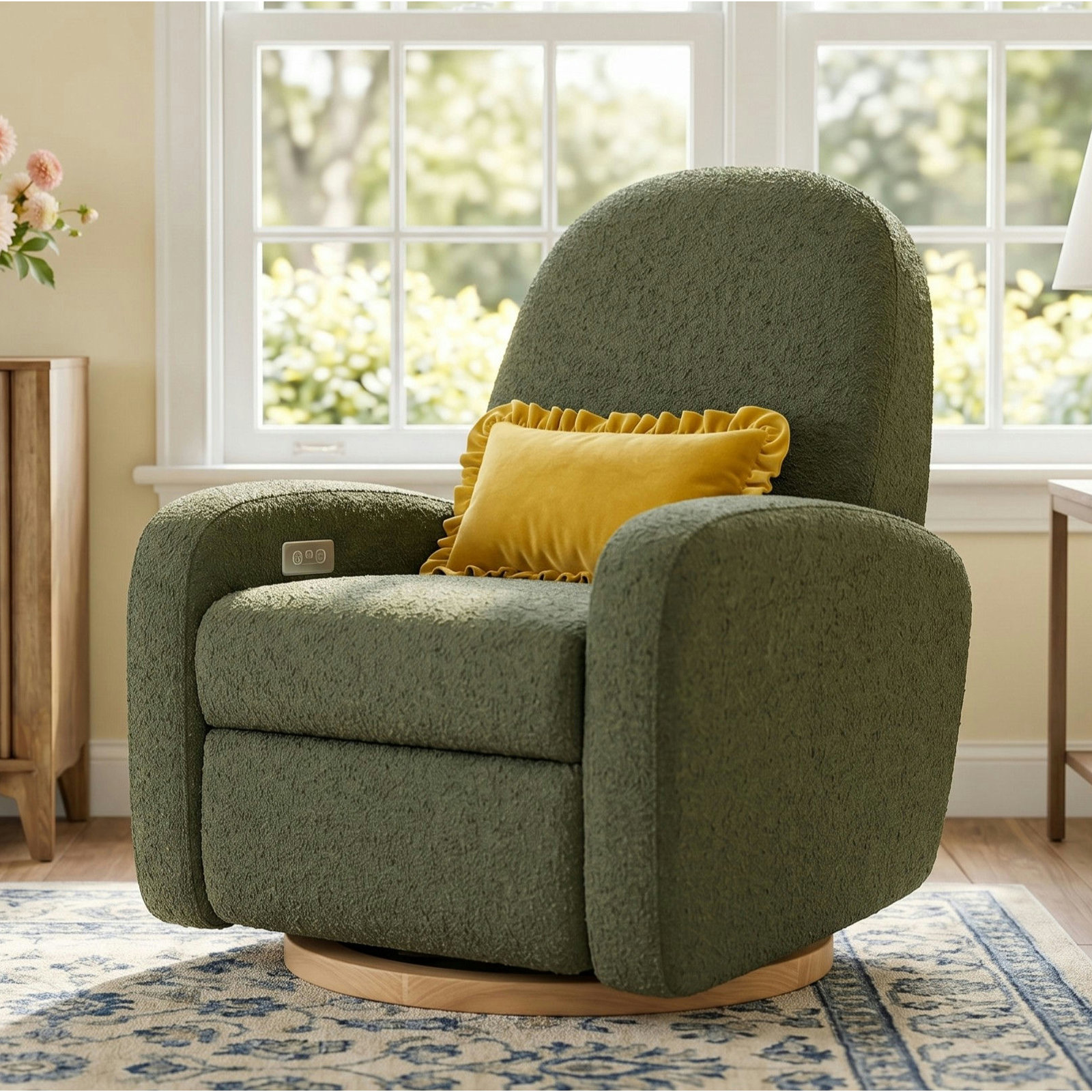 Nami Swivel Glider, Olive Boucle