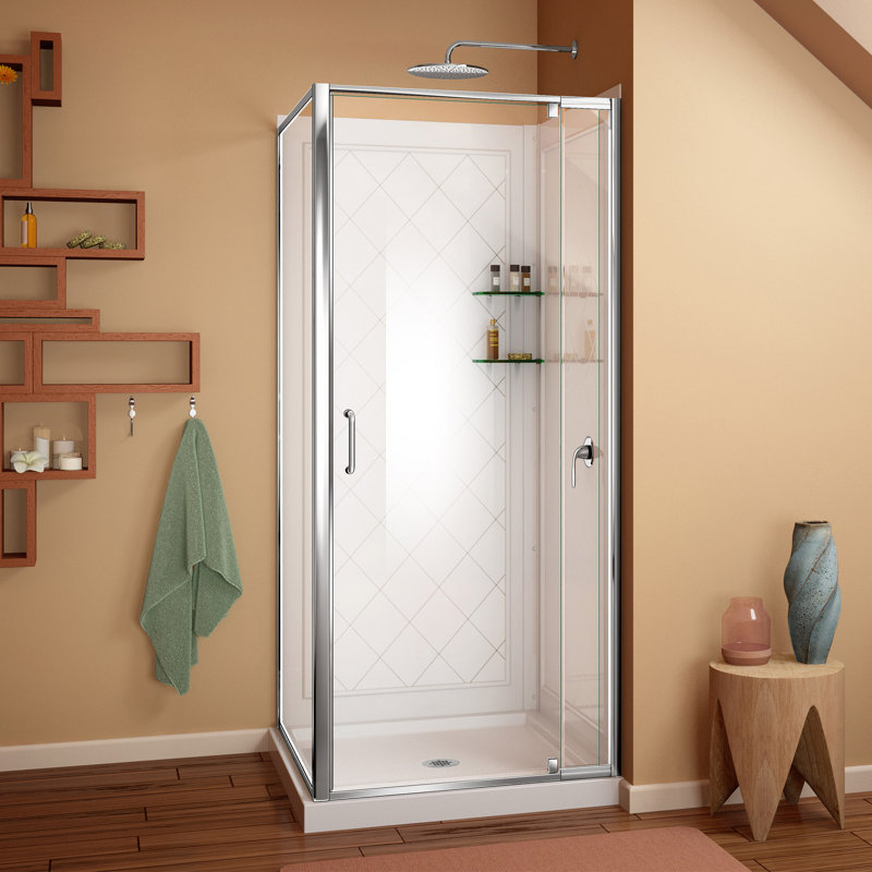 Flex Backwalls 32" W x 32" D x 76.75" H Square Pivot Shower Enclosure with Base Included, Chrome