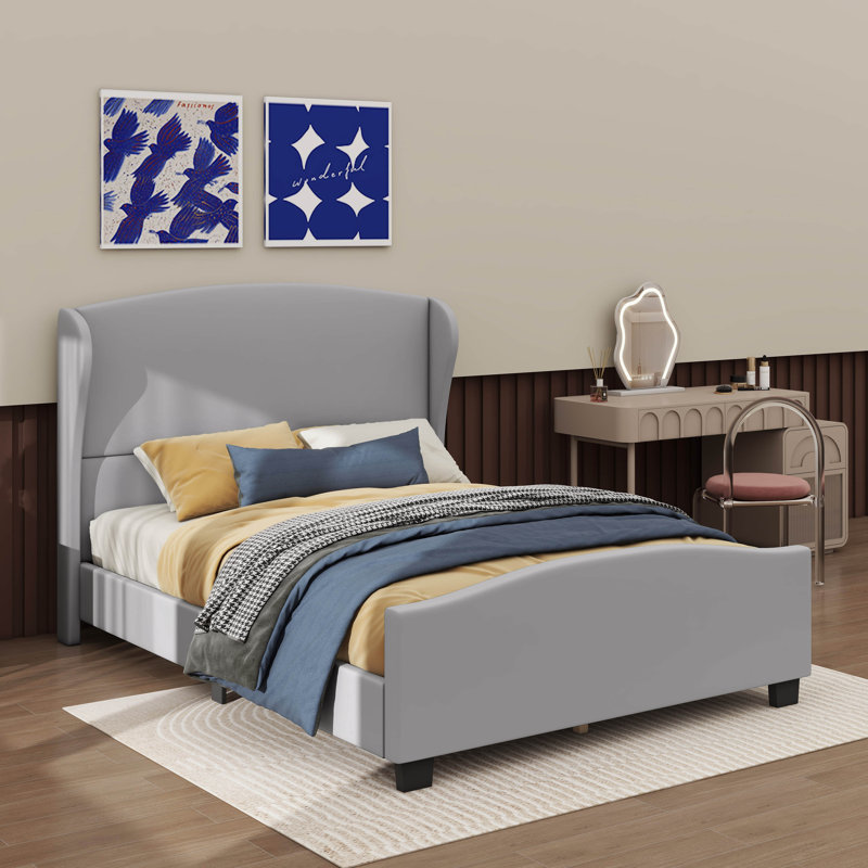 High Headboard Wingback Linen Upholstered Bed No Box Spring Needed, Gray, Queen