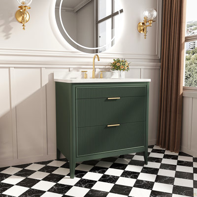 Meuble-lavabo de salle de bain autoportant vert 36 po entièrement assemblé avec structure en bois massif et plateau en marbre d'ingénierie