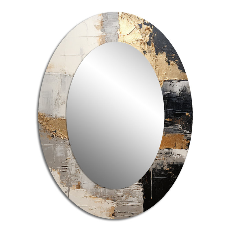 Gris gris or minimalisme Poteries I - Miroir décoratif ovale abstrait sur métal, 40 po x 30 po