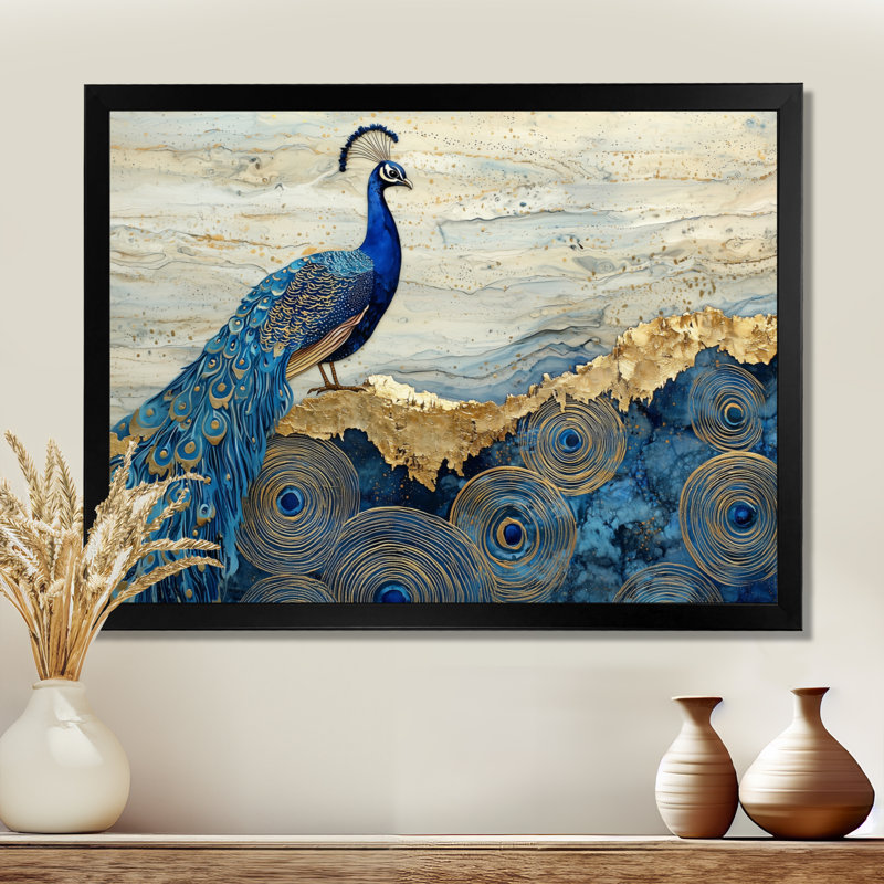«Harbuck Golden Aqua and Agate Peacock Landscape II», art mural sur toile paon, Reproduction encadrée d'une seule photo, Noir