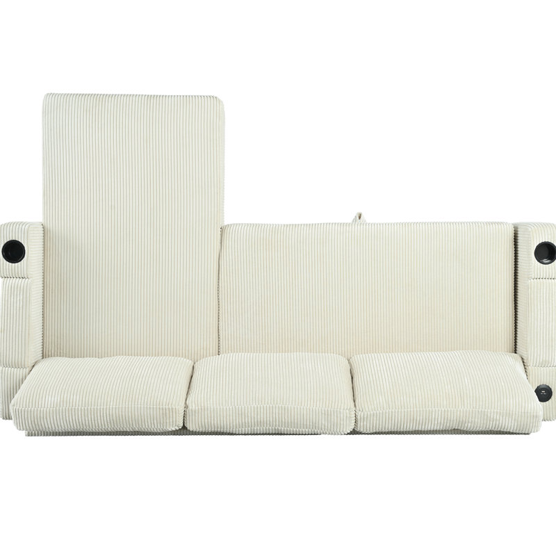 3 Reversible Corduroy Sectional With Storage Chaise, Cup Holders On Arms And Charging Ports, Suitable For Living Room, Bedroom, Apartment - Beige, 80.31 In Deep, 51.62 Wide, 33.28 High, 115.11 Lb