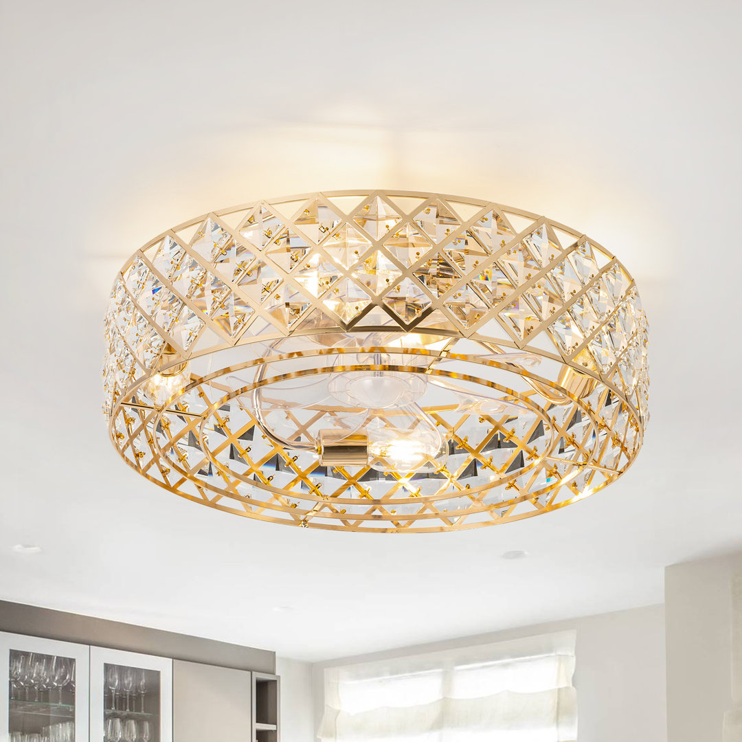 Yenci 19'' 7-Blade Crystal Glass Indoor Enclosed Caged Flush Mount Ceiling Fan with Light Kit and Remote Control Mercer41 