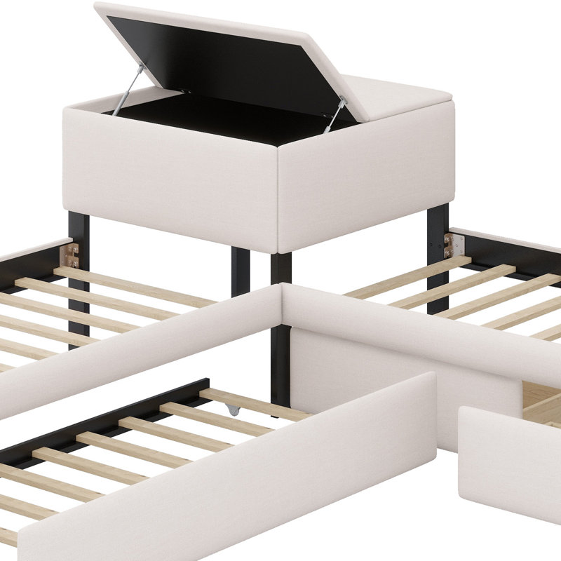 Structure de lit rembourrée en L avec lit gigogne, tiroirs de rangement et bureau intégré