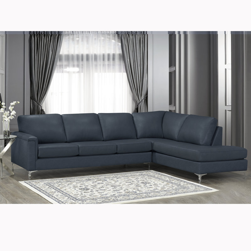 Platte Upholstered L-Shaped Sectional Right Hand Facing, Navy Genuine Leather