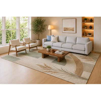 "Ultra Light Weight" Large 6'7" x 9'10"  Sage Green, Camel and Ivory Wheat Ribbon Area Rug for Living Room, Soft Low Pile Carpet with Non-Slip Silicone Backing, Decor for Bedroom, Dining Area and Home Office