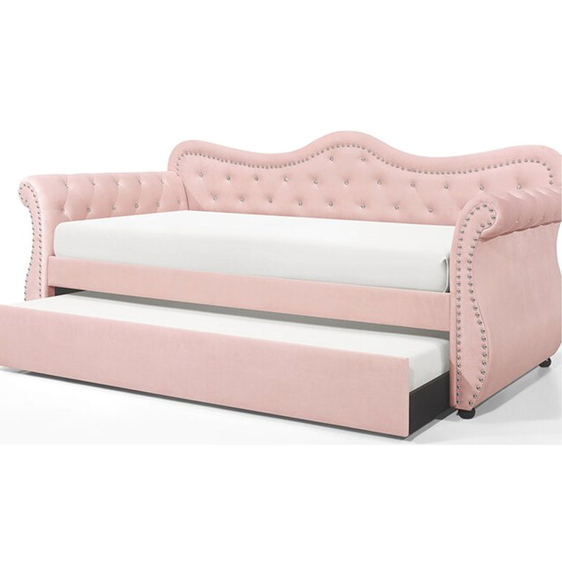 Lit de jour rose avec couchette et housse en velours - construction en bois massif, conception moderne avec accoudoirs, revêtement en construction