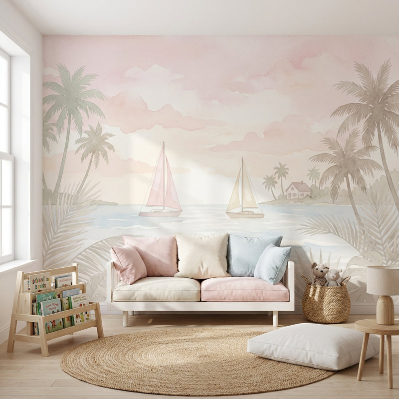 Papier peint paysage panoramique paysage côtier tropical pastel marin, 120 po x 96 po, Peler et coller