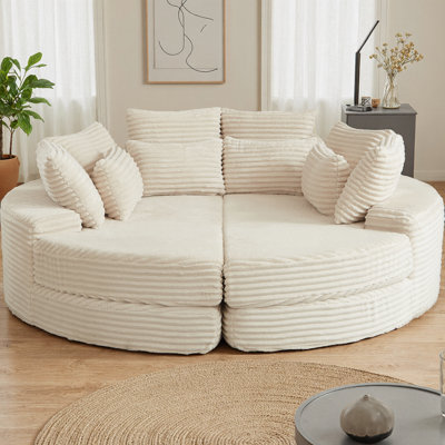 78.5-inch Corduroy Round Oversized Recliner, Converts into Two Separate Recliners or Sofa Bed, Includes Neck Pillow and Five Throw Pillows, No Assembly Required Cloud Lounger