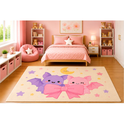 5' x 7' Cute Baby Bats with Pink Bow Area Rug for Girls Bedroom Nursery Playroom Scandinavian Minimalist Kawaii Halloween Decor Non-Slip Silicone Backing Low Pile