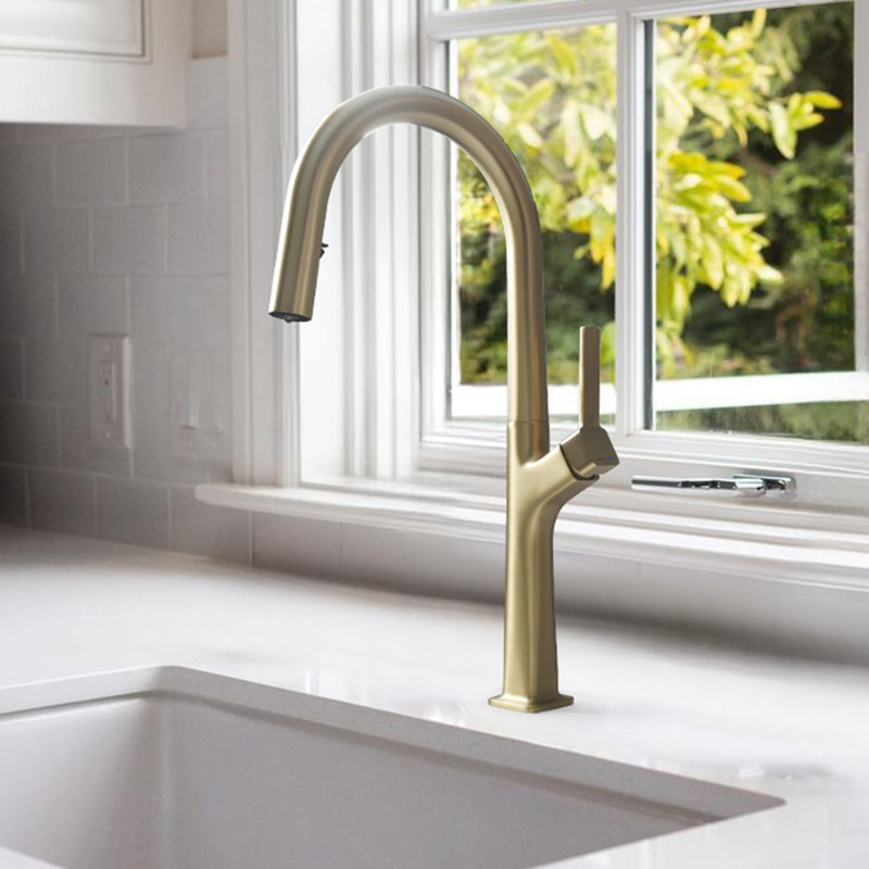 17.71" Solid Brass Single Hole Single Handle Pull Down Kitchen Faucet, Brushed Gold