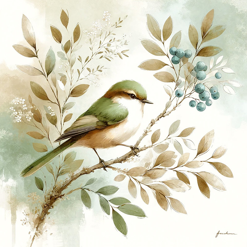 «Green Bird and Berries», art mural sur toile, H 12 po x l 12 po x P 1 po