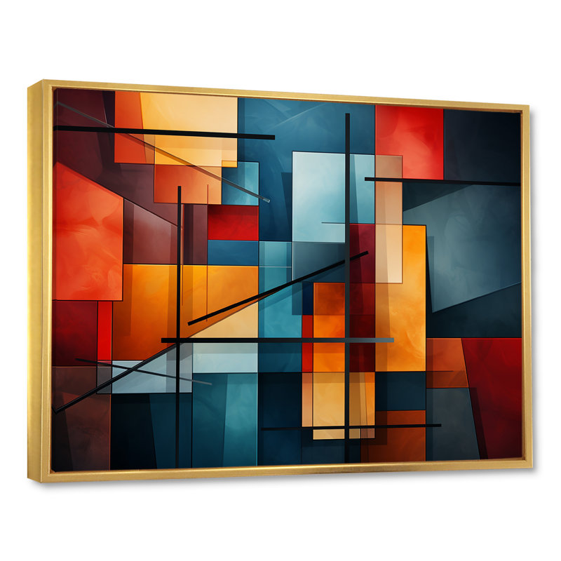 Cubisme éclatant collage - art mural cubisme, Cadre flottant doré, H 24 po x l 32 po x P 1 po