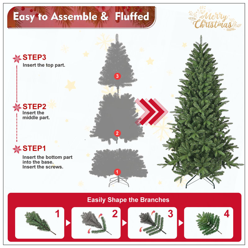 Arbre de Noël artificiel, 1168 pointes de branches, pin à charnière luxuriante avec aiguilles mixtes en PE + PVC, arbre de Noël à assemblage facile avec support en métal robuste pour la décoration de Noël intérieure
