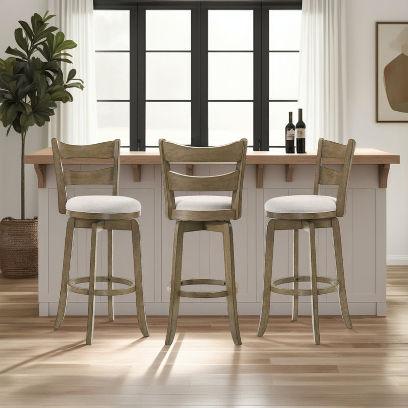 Baum Rubberwood Barstool With Fabric Seat, 3, Cream, Counter Stool (26" Seat Height)