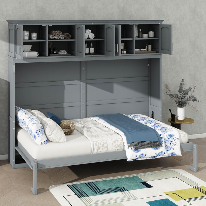 Lit escamotable mural grand format avec armoires suspendues, plateforme dissimulée, Gris