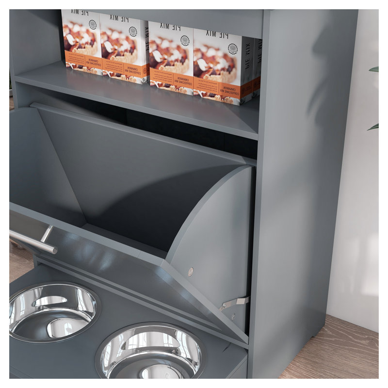 Armoire-mangeoire en bois gris avec bols surélevés et tiroir de rangement
