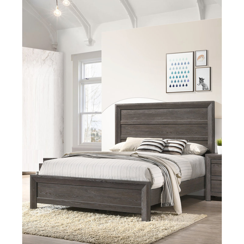 Mobilier de chambre rustique en bois, lit double avec finition brun gris et tête de lit solide de style contemporain
