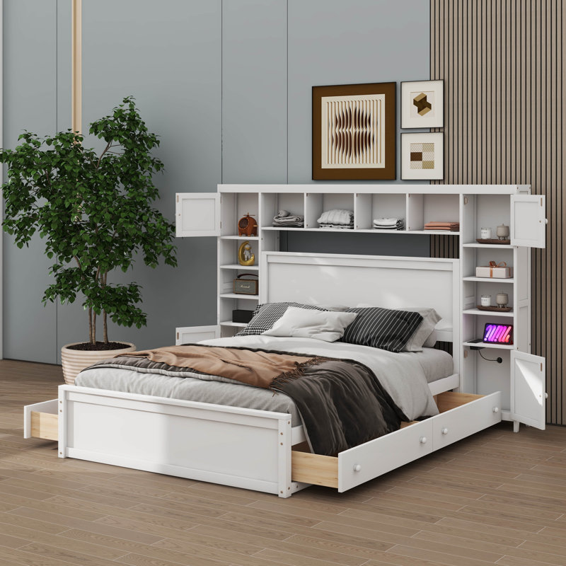 Lit plateforme avec tête de lit bibliothèque Arnitha, Blanc, Grand