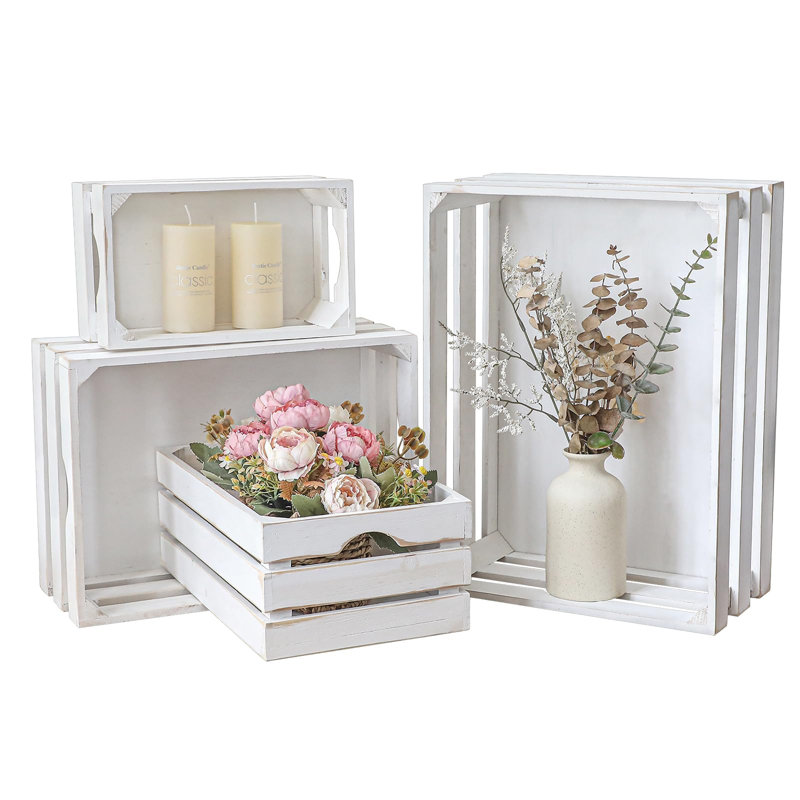 Ensemble de 4 grandes caisses de rangement décoratives en bois, caisses gigognes en bois blanchi, boîtes de rangement en bois de ferme faites à 100% de bois