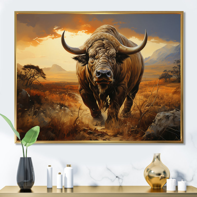Animaux de buffle beige et orange sur toile, H 34 po x l 44 po x P 1,5 po, Cadre flottant doré