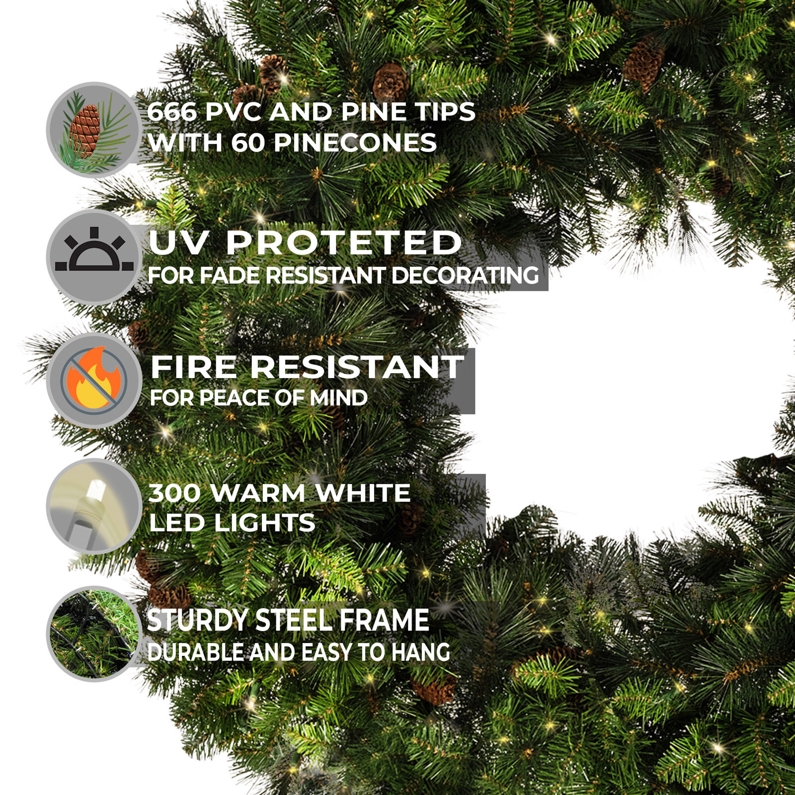 Faux Fir Lighted Wreath, 9.39" H x 26" W x 52" D