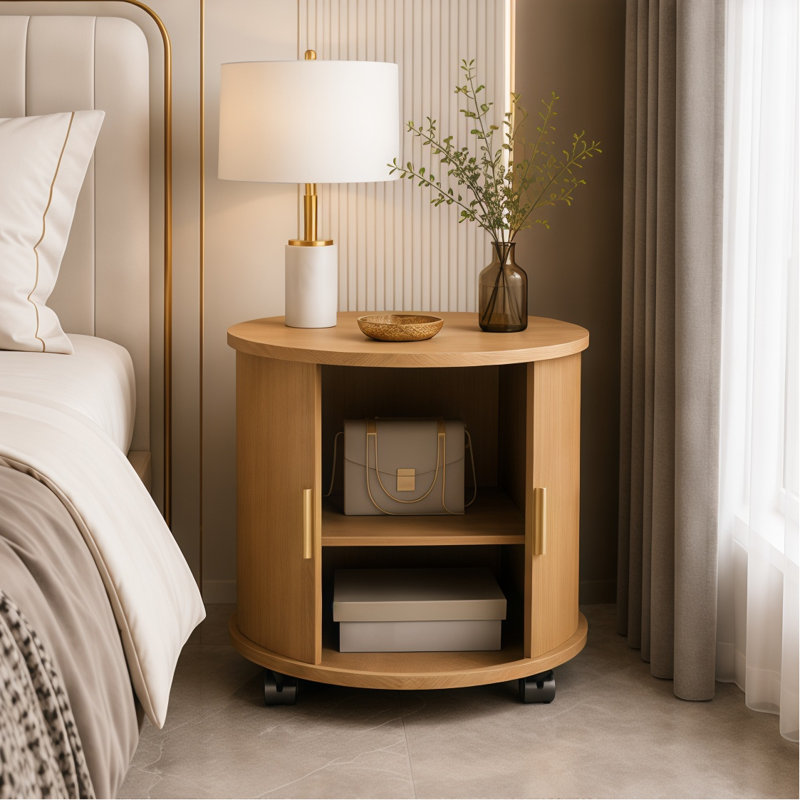 23.62'' Mid-Century Modern Round Nightstand with Charging Station, Wood Color Finish Cylinder Side Table with Sliding Door and Storage