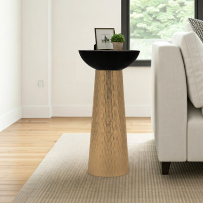 Tall Modern Accent Hourglass Design Drink Table with Hammered Metal Base and  Wooden Bowl Top