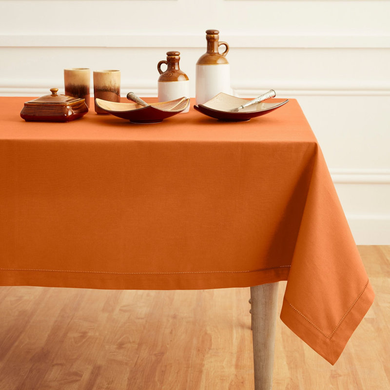 Cotton Linen Hemstitch Tablecloth, Pumpkin, 132" x 60"