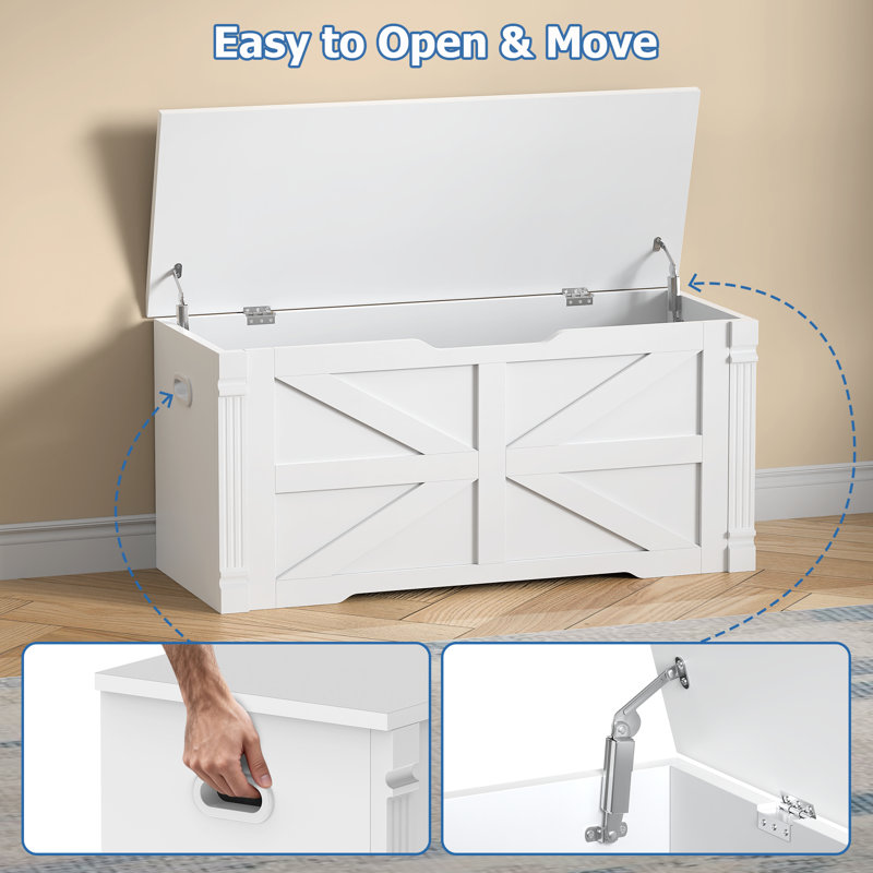 Banc de rangement 39,4 "avec 2 charnières de sécurité, colonne romaine de style campagnard, Blanc