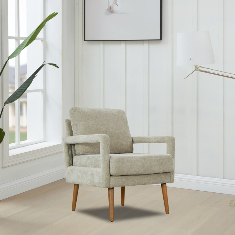Fauteuil de style Mid-Century, fauteuil d'appoint avec accoudoirs en chenille et coussin moelleux, Chenille gris pâle