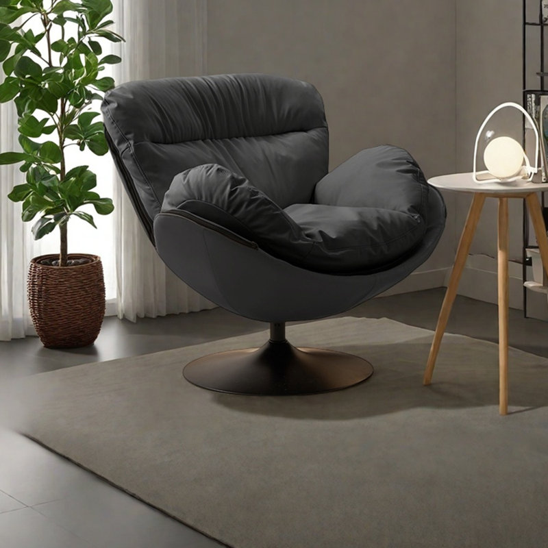 Swivel comfortable light luxury leisure chair, Black Faux Leather, Toy Cotton