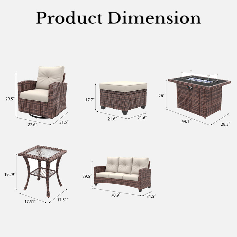 Lark Manor™ 10 Pieces Patio Furniture Set with Swivel Chairs, Rattan Wicker Rocking Glide Chairs with 44" Propane Gas Fire Pit Table Conversation Set