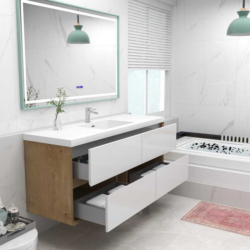 Ensemble de meuble-lavabo mural simple 60 po Momoe, Blanc lustré
