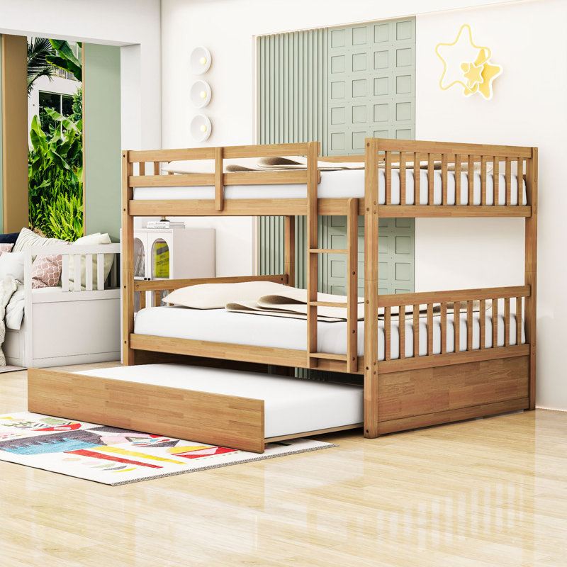 Full Over Full Wood Bunk Bed With Twin Trundle, Ladder And Guardrails, White Oak