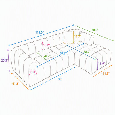 Canapé d'angle modulaire capitonné de 111,3 po, canapé nuage en forme de L avec tissu bouclé effet peluche et coussins, canapé à compression sans armature, blanc