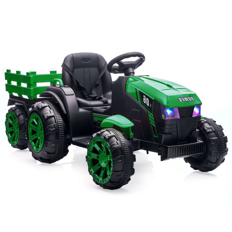 Green 12V Kids Ride-On Tractor with Trailer and Remote Control